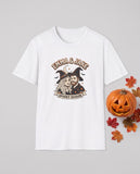 White t-shirt with a custom couple Halloween portrait