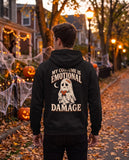 Person seen from behind in the black My Costume Is Emotional Damage hoodie