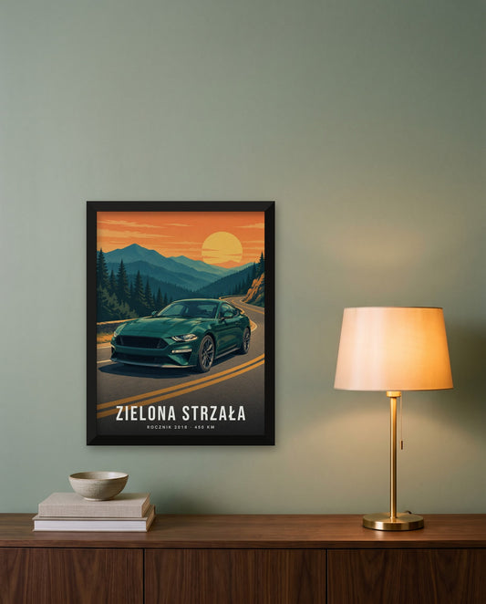 Auto w ilustrowanym krajobrazie – w ramie na ścianie