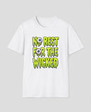White No Rest For The Wicked t-shirt, vintage Halloween front print