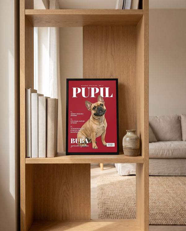 Plakat zwierzak na okładce magazynu w ramie na półce drewnianego regału