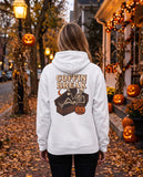 Person seen from behind in the white Coffin Break hoodie