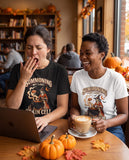 Two friends wearing the black and white Summoning My Last Brain Cell t-shirts