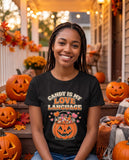 Person wearing the black Candy Is My Love Language t-shirt
