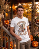 Person wearing the white Social Battery Dead t-shirt