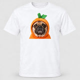 White t-shirt with a real pug in a pumpkin costume hood printed on the front