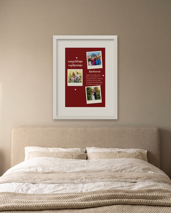 Plakat list ze zdjęciami w białej ramie z passe-partout nad łóżkiem