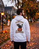 Person seen from behind in the white I'm Not Scary I'm Unmedicated hoodie