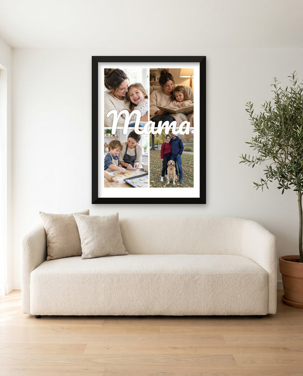 Plakat kolaż 4 zdjęć z napisem Mama w czarnej drewnianej ramie nad sofą