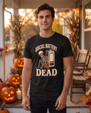 Person wearing the black Social Battery Dead t-shirt