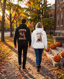 Two friends seen from behind in the black and white Summoning My Last Brain Cell hoodies