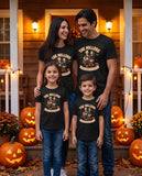 Family of four on a Halloween porch wearing matching custom family portrait shirts