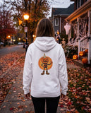 Person seen from behind in the white Pumpkin Candle Head hoodie