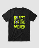 Black No Rest For The Wicked t-shirt, vintage Halloween front print