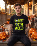Person wearing the black No Rest For The Wicked t-shirt