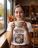 Person wearing the white Emotionally Undead t-shirt
