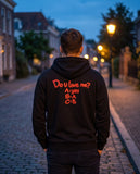 Person wearing the black Do U Love Me zip hoodie, seen from behind
