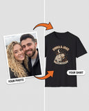 Your couple selfie turned into a vintage Halloween costume portrait printed on a black t-shirt