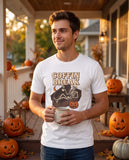 Person wearing the white Coffin Break t-shirt