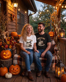 Couple on a Halloween porch wearing matching white and black custom couple portrait shirts