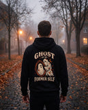 Person seen from behind in the black Ghost Of My Former Self hoodie