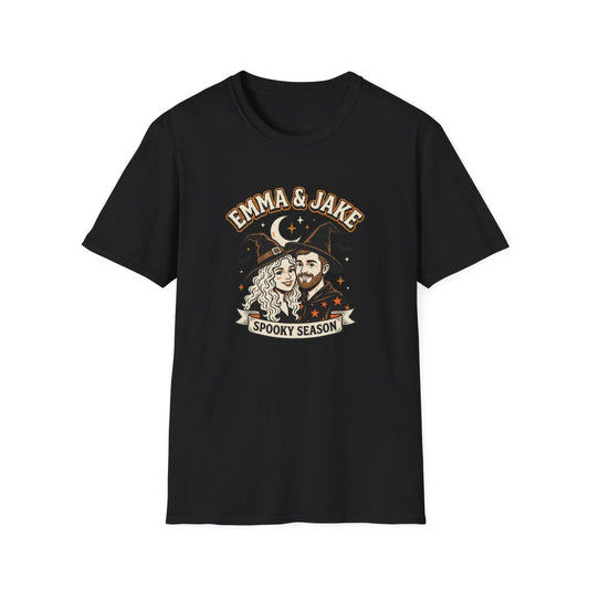 Black custom couple Halloween portrait t-shirt, a couple drawn as a witch and a wizard with their names