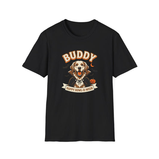 Black custom dog Halloween portrait t-shirt, a golden retriever drawn in a vampire cape with its name