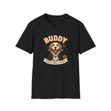 Black custom dog Halloween portrait t-shirt, a golden retriever drawn in a vampire cape with its name