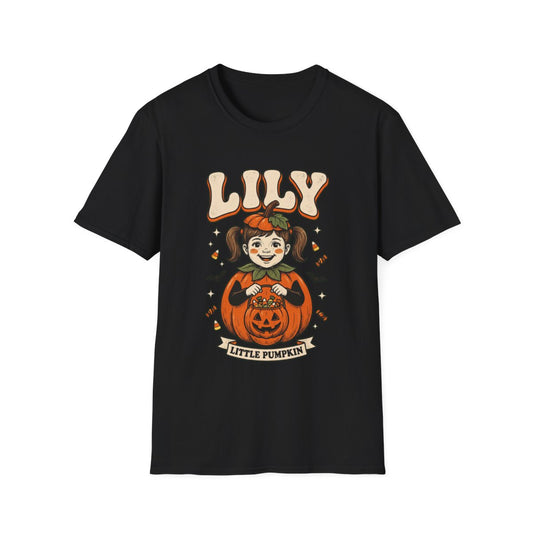 Black custom kid Halloween portrait t-shirt, a little girl drawn as a pumpkin with her name