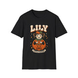 Black custom kid Halloween portrait t-shirt, a little girl drawn as a pumpkin with her name