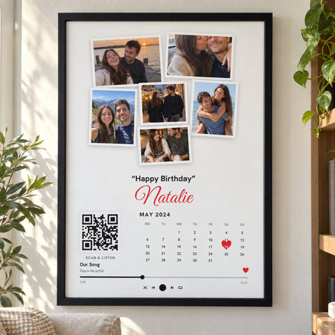 Custom Photo Collage Poster With Calendar, Heart and Song QR Code