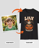 Your child's photo turned into a vintage Halloween costume portrait printed on a black t-shirt