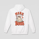 White Here For The Boos hoodie, vintage Halloween back print