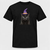 Black t-shirt with a real black cat in a witch hat printed on the front