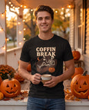 Person wearing the black Coffin Break t-shirt