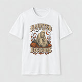 White Haunted By My Own Decisions tee with a vintage ghost on a log and pumpkins, front print