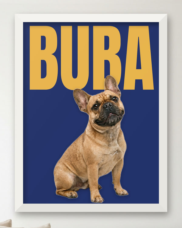 Dog or cat poster on a bold name background – print close-up