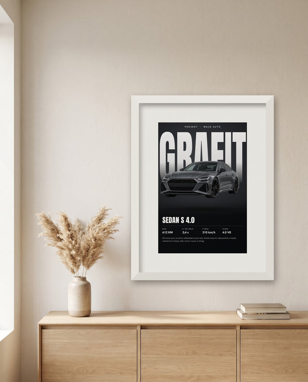 Plakat z autem i specyfikacją w białej ramie z passe-partout nad komodą
