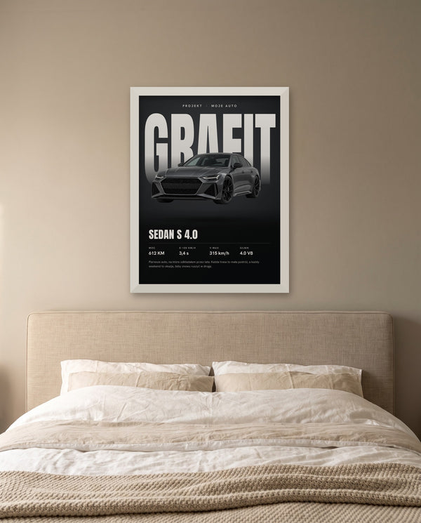 Plakat z autem w białej ramie nad łóżkiem