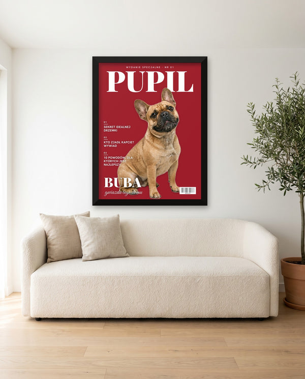 Pies na okładce magazynu – plakat w czarnej drewnianej ramie na ścianie