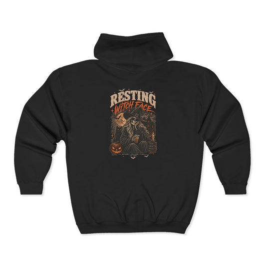 Black Resting Witch Face zip hoodie, back print
