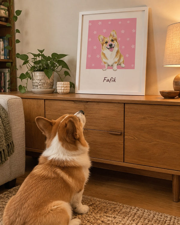 Rysowany portret zwierzaka na komodzie, pies patrzy na plakat