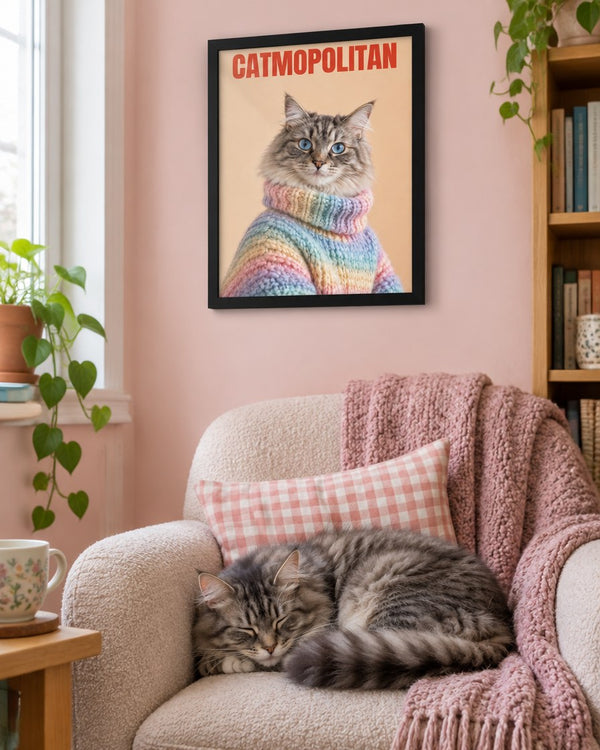 CATMOPOLITAN w kąciku do czytania, kot na fotelu