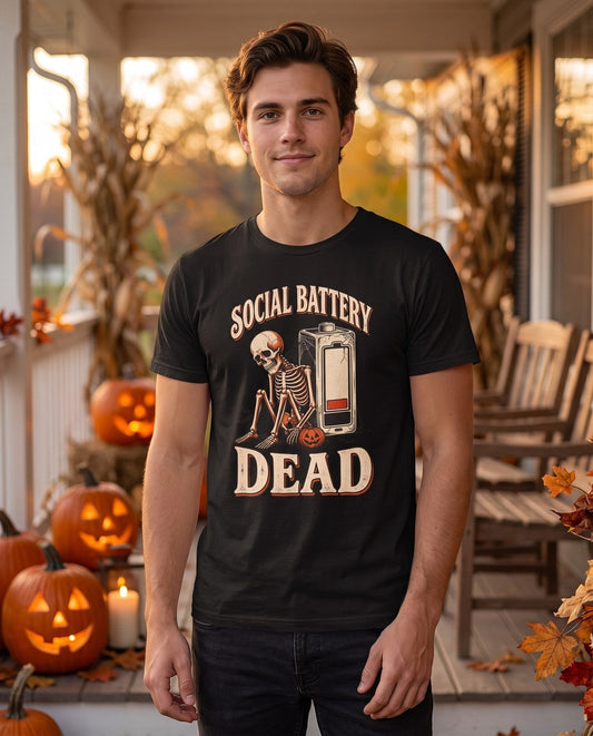 Person wearing the black Social Battery Dead t-shirt
