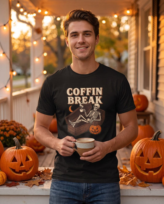 Person wearing the black Coffin Break t-shirt