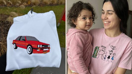 Haftowane auto ze zdjęcia na bluzie i rysunek dziecka wyszyty na koszulce