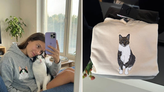 Bluza z haftem kota ze zdjęcia na właścicielce i kremowa bluza z haftem kota