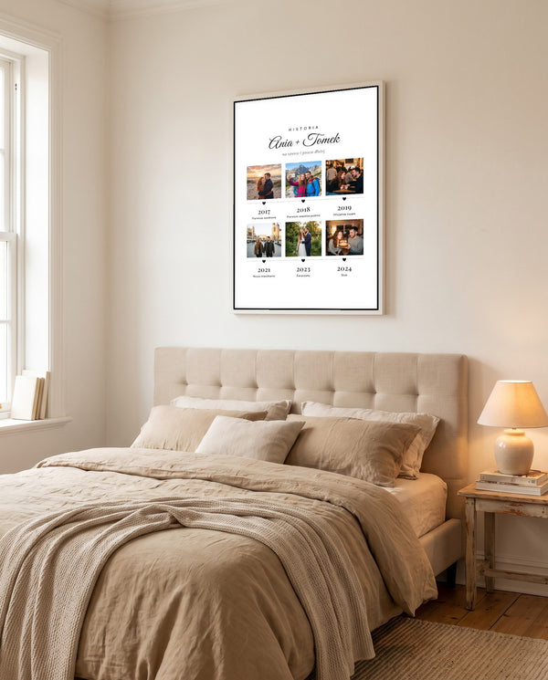 Plakat Nasza historia – oś czasu w ramie nad łóżkiem w jasnej sypialni