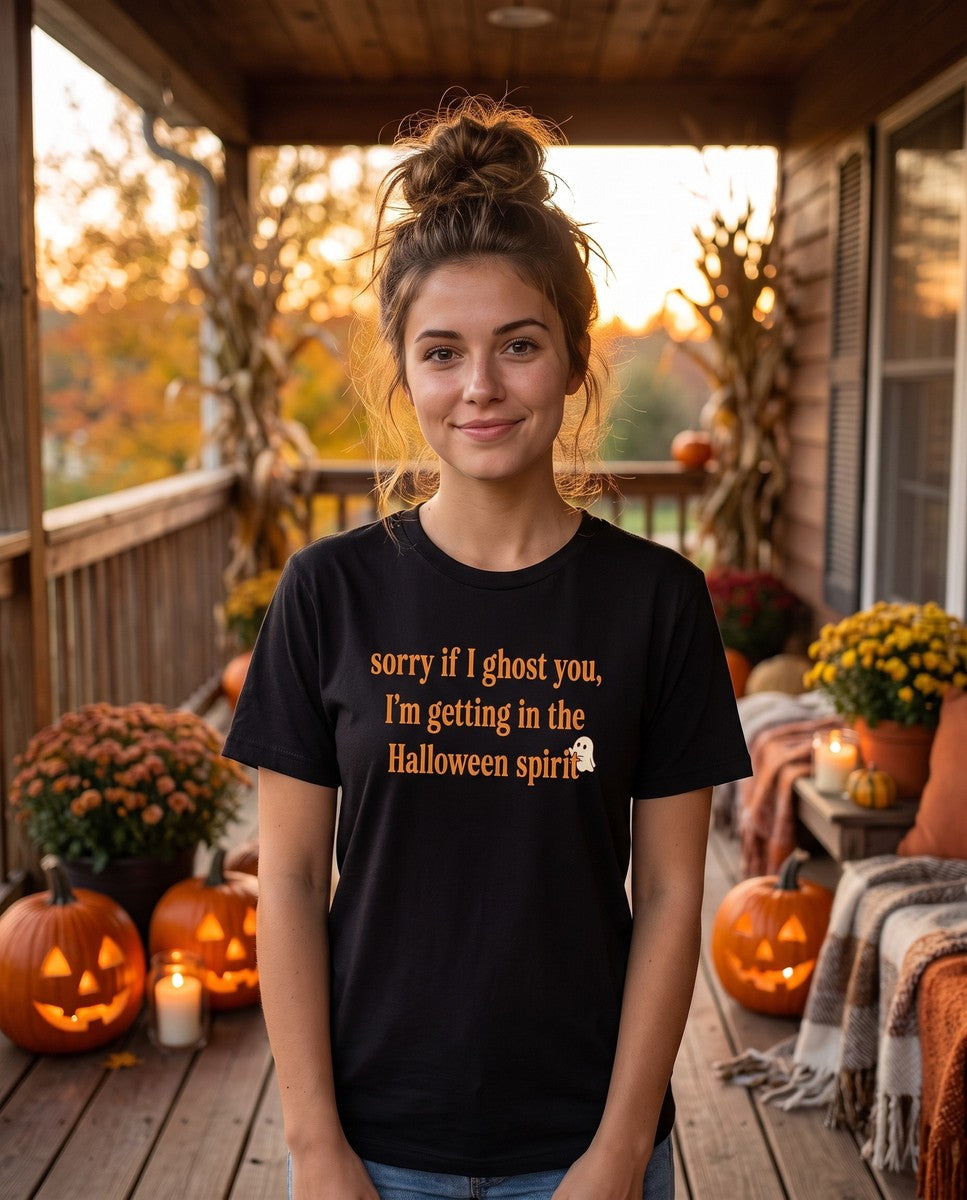 Person wearing the black Sorry If I Ghost You t-shirt