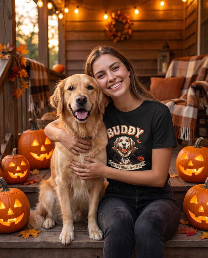 Woman on a Halloween porch hugging her golden retriever, wearing the custom dog portrait shirt